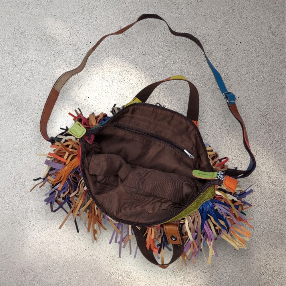 Vintage Multicolored All Leather Fringed Handbag Y2K Boho Tassel Satchel Purse - Picture 6 of 14
